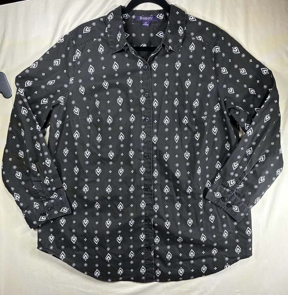 Roaman's Black and White Floral Long Sleeve Button Down Shirt Plus Size 18W